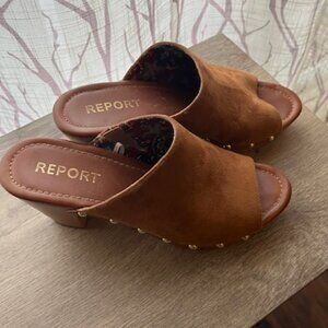 Suede-like open-toe mules with stud trim by REPORT